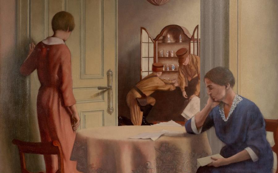 Barbara Loftus, Witnessing the Confiscation (Detail), 2022, Ölfarbe auf Leinwand / oil on canvas, 167 x 140 cm