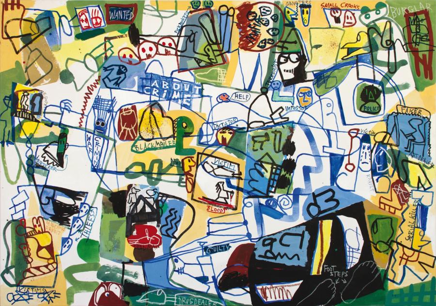Jan Voss, About Crime, 2014, Mixed Media on canvas, 165 x 235 cm, Courtesy Galerie Georg Nothelfer and the artist. Jan Voss, About Crime, 2014, Mixed Media on canvas, 165 x 235 cm, Courtesy Galerie Georg Nothelfer and the artist.