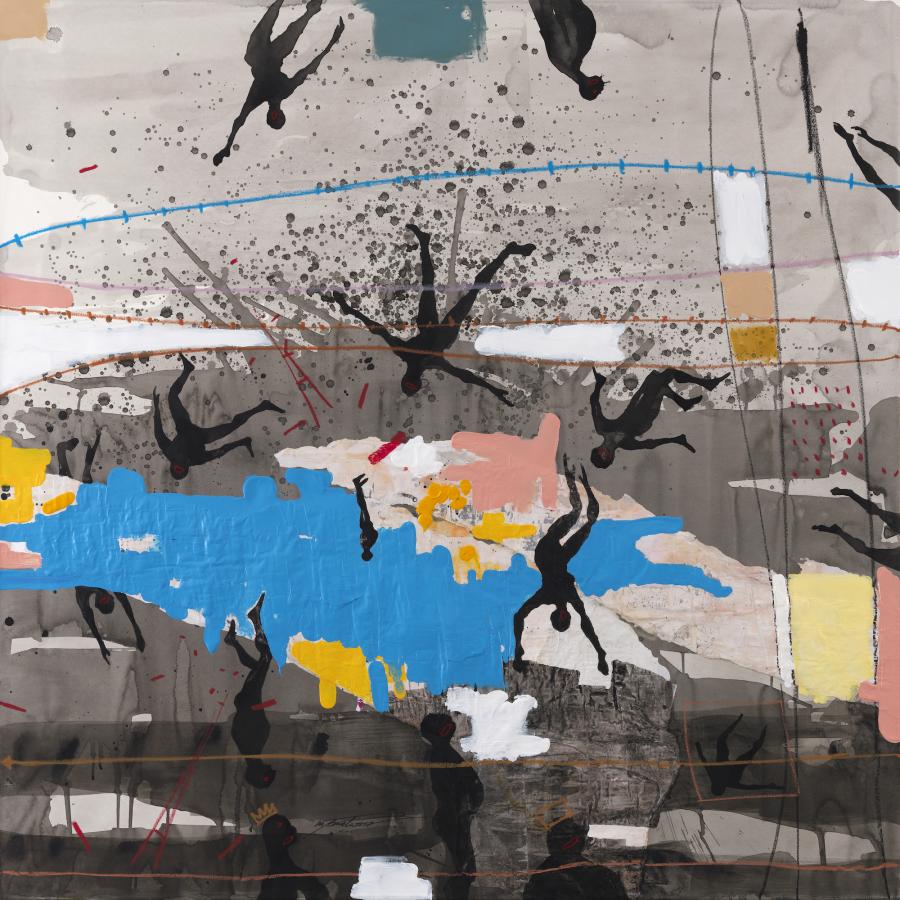 Nú Barreto Joyeux en Péril 2017 Acrylic, oil pastel, and paper collage on canvas 110 x 110 cm Photo by Véronique Drouin Courtesy of Ronewa Art Projects Nú Barreto Joyeux en Péril 2017 Acrylic, oil pastel, and paper collage on canvas 110 x 110 cm Photo by Véronique Drouin Courtesy of Ronewa Art Projects