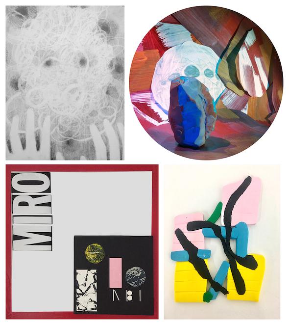 Jackie Hoving, Wound Up, pencil on paper and approx 8.5x11 in, 20.32x27.94 cm William Crump, Miro, 2017, clear plastic duct tape, vinyl, acrylic, wood panel, 24x24 in, 60.96x60.96 cm Rachael Gorchov, Berlin, Oranienburger Strasse, 2017, digital print on adhesive-backed vinyl, 24x24 in, 60.96x60.96 cm Sun You, Untitled, 2016, polymer clay, 8x5.5 in, 20.32x13.97 cm