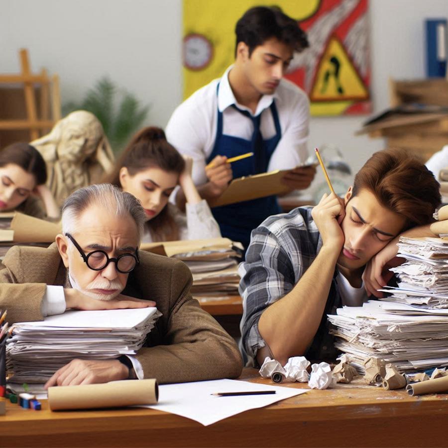 Image: © Christina Zück, Overworked art school professors and tired students with too many tasks, 2024 Image: © Christina Zück, Overworked art school professors and tired students with too many tasks, 2024